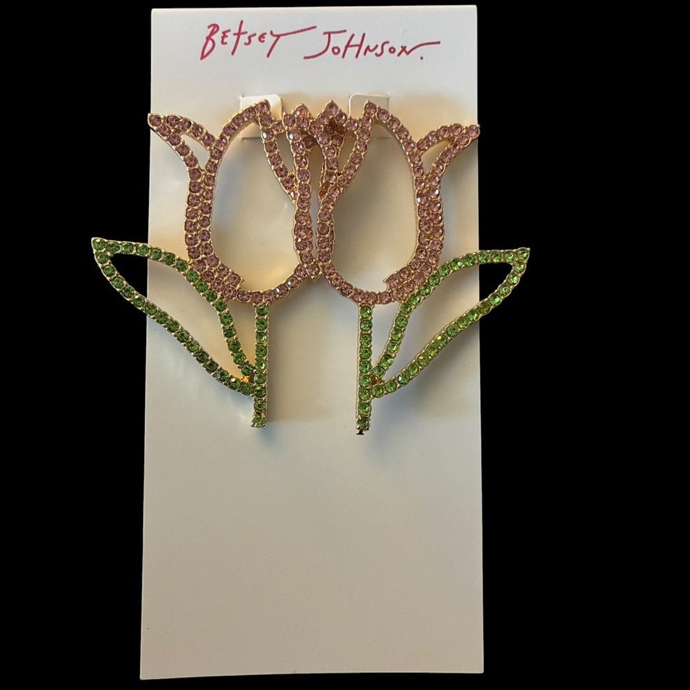 BETSEY JOHNSON Easter Spring Pink & Green Crystal-Studded Tulip Earrings NEW NWT - Picture 2 of 7